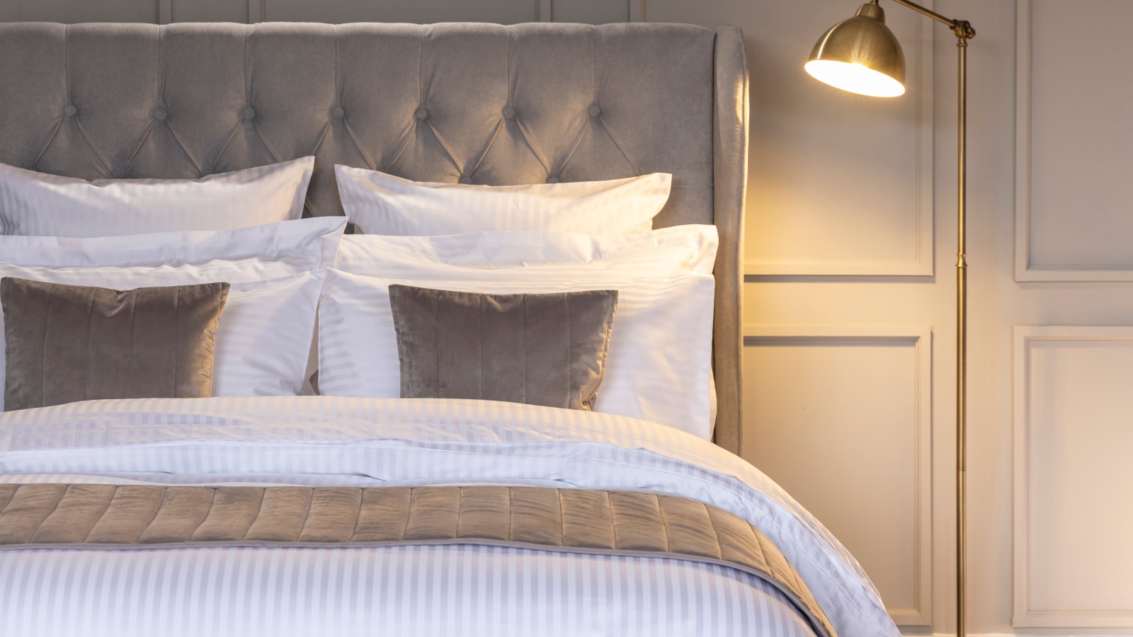 Hotel Collection bed sheets, on grey dressed sheets 
