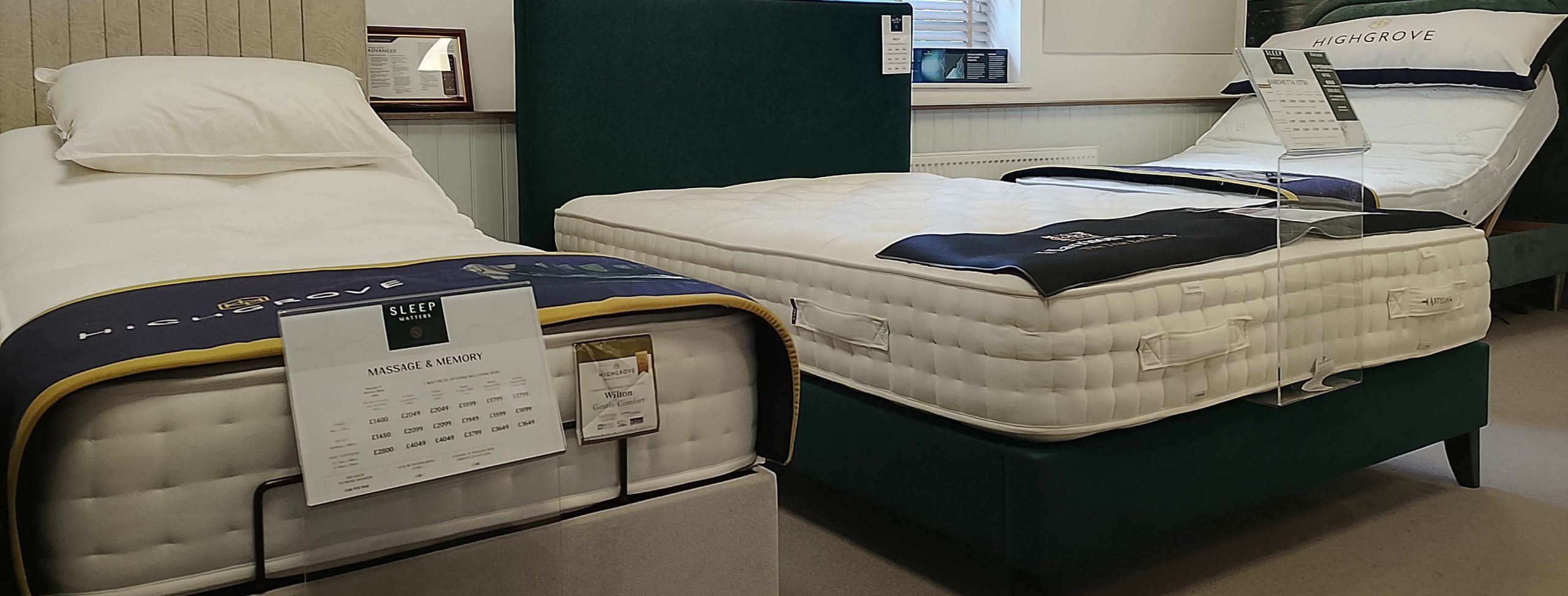 adjustable-beds-display-sleep-matters-huddersfield-banner adjustable beds on display at sleep matters beds showroom in Huddersfield.