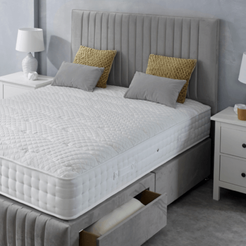 two-drawer-divan-bed-base-with-highgrove-mattress-on-top. grey divan base from Highgrove bed with 2 drawers for storage.