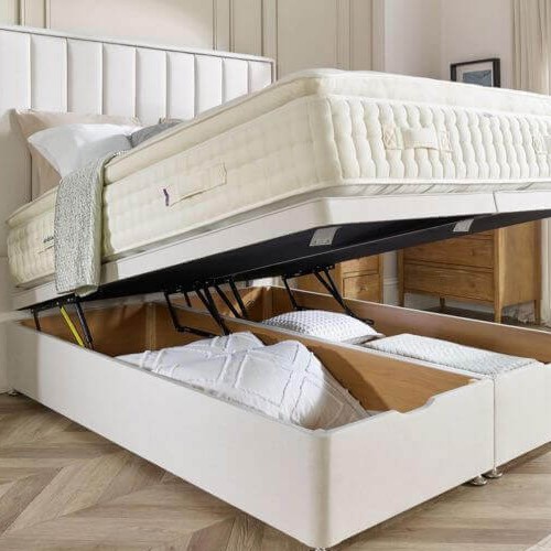 highgrove-beds-end-lift-ottoman-bed-base-and-mattress-2 end lifting ottoman bed from highgrove beds, lifted up to show storage.